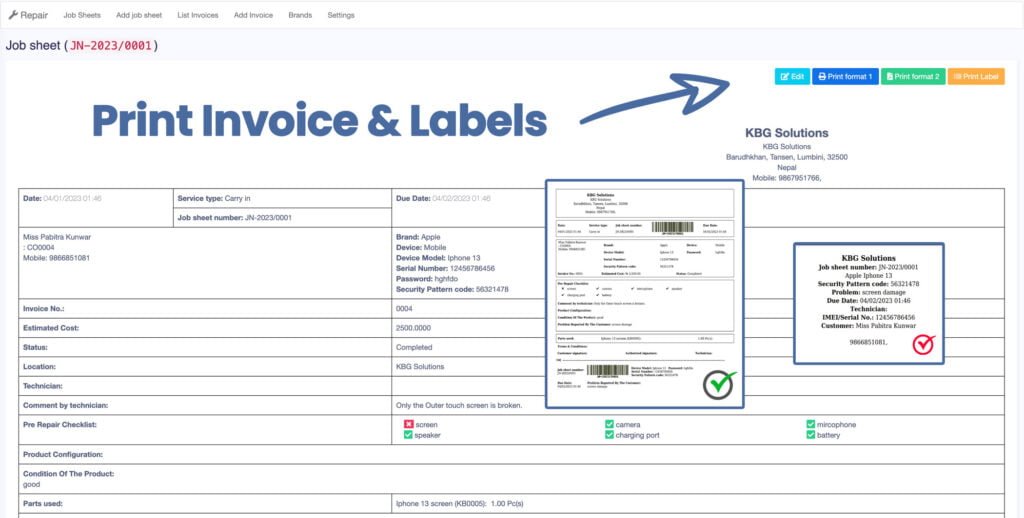 Job sheet invoice and label